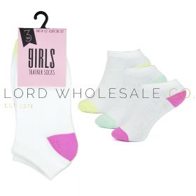 Girls White Trainer Socks with Coloured Heel & Toe 12 x 3 Pair Packs