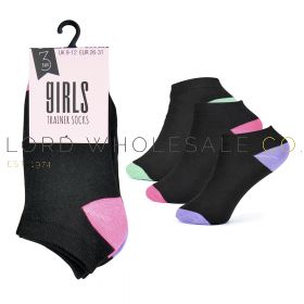 Girls Black Trainer Socks with Coloured Heel & Toe 12 x 3 Pair Packs