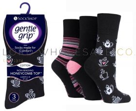 Ladies Fun Feet Afternoon Tea Gentle Grip Socks by Sock Shop 3 Pair Pack