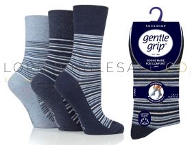 Ladies City Stripe Navy/Denim Gentle Grip Socks by Sock Shop 3 Pair Pack