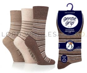 Ladies City Stripe Brown/Neutral Gentle Grip Socks by Sock Shop 3 Pair Pack
