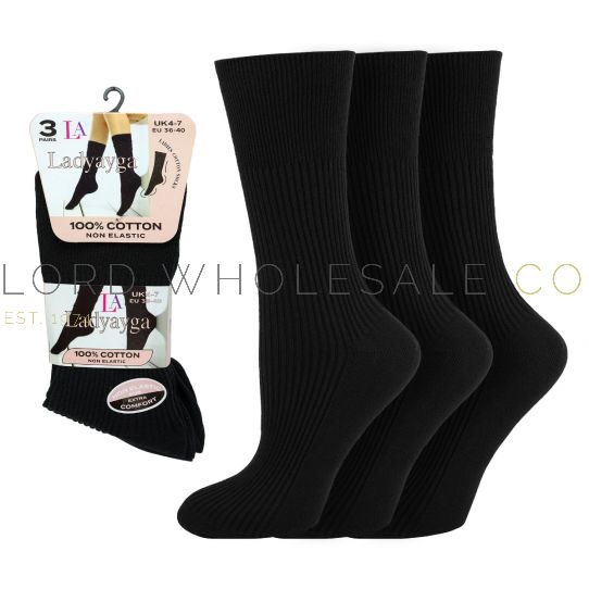 Ladies 100 Cotton Non Elastic Socks by Ladyayga 3 Pair Pack Lord