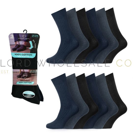 Men's Big Foot 100 Cotton NonElastic Crew Socks by Miuayga 4 x 3 Pair