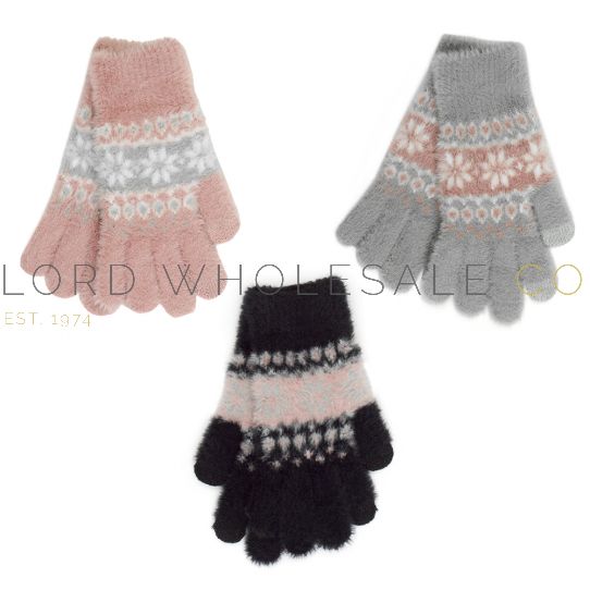 Ladies Assorted Fairisle Design Fluffy Gloves with Touch Screen by