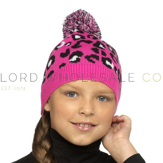 Girls Pink Leopard Print Hat with Bobble 12 Pieces Lord Wholesale Co