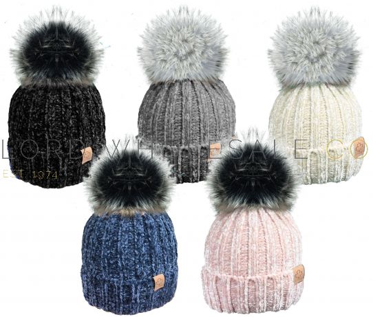 Ladies Fur Lined Chenille Hats With Detachable Bobble by Rock Jock 12 ...