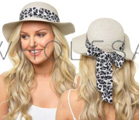 Ladies Crushable Straw Hat with Leopard Scarf Band by Foxbury 12 Pieces