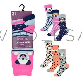 Ladies 3 pack Animal Design Cotton Rich Socks by Foxbury
