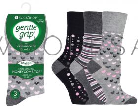 BAMBOO Ladies Grey Patterned Gentle Grip Socks by Sock Shop 12 Pairs