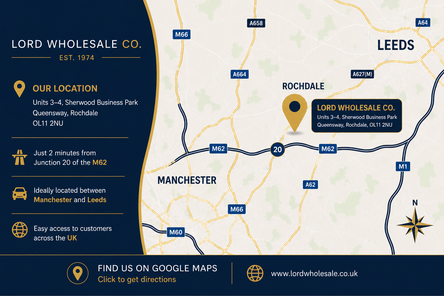 Lord Wholesale Co location map showing Rochdale between Manchester and Leeds